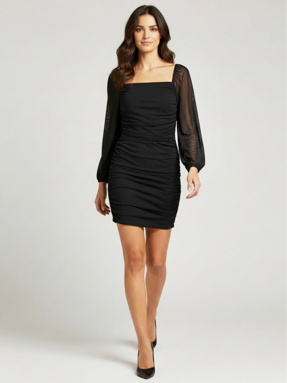 MEROKEETY Square Neck Lantern Long Sleeve Mesh Ruched Bodycon Clubwear Dress L